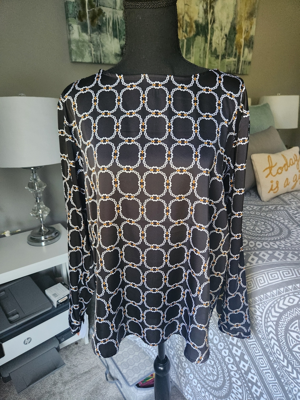 Anne Klein Womens Black Chain-Print Long-Sleeve Blouse Size M